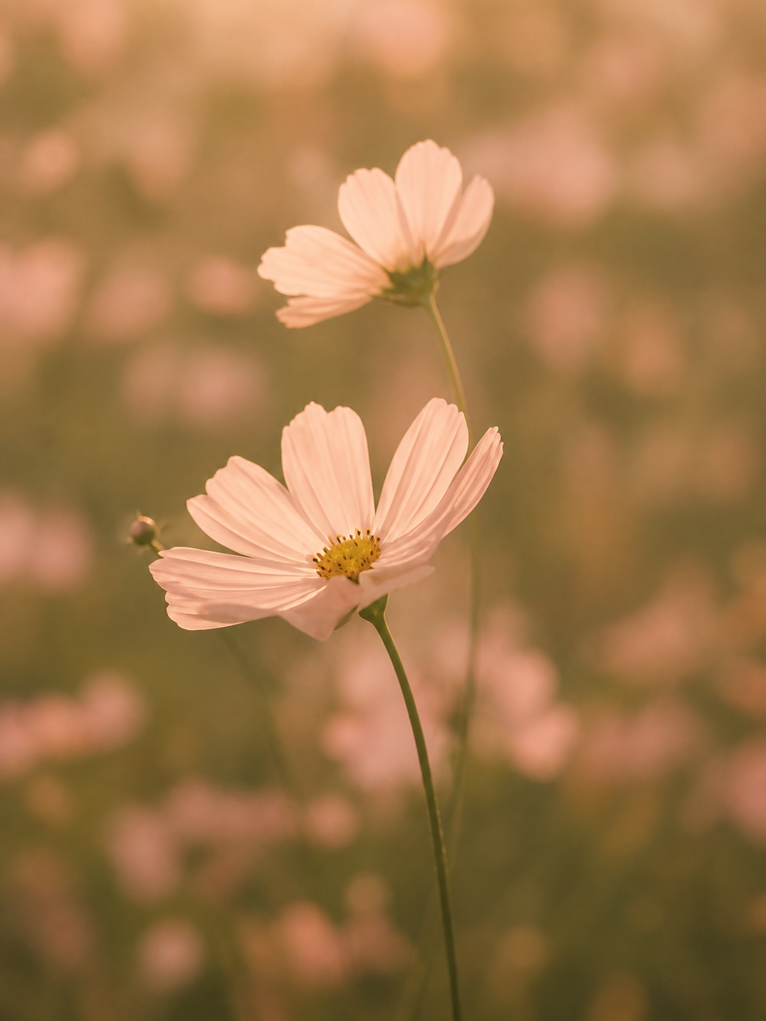 Soft pink cosmos flowers in gentle blur