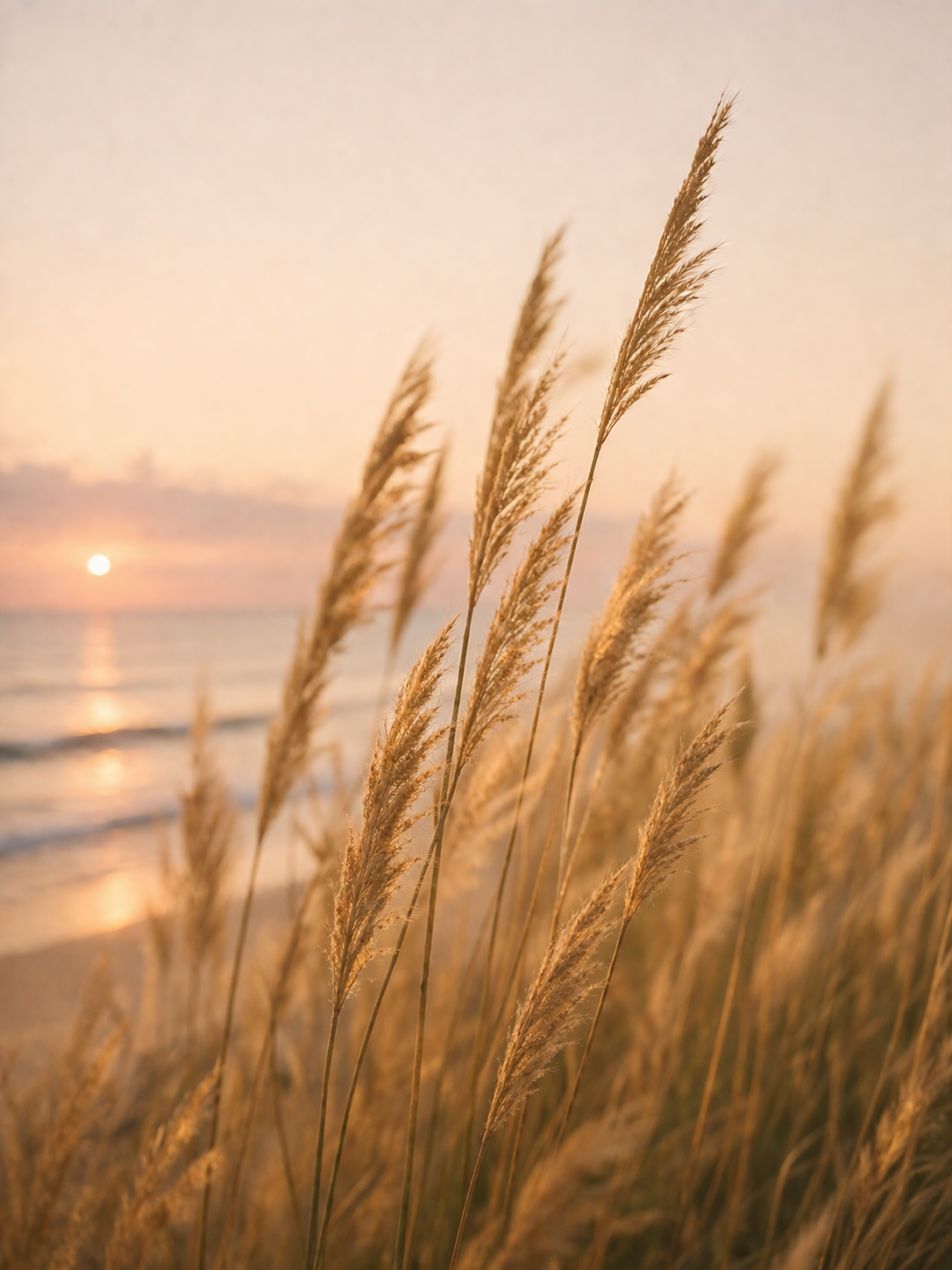 Golden pampas grass at sunset by the sea